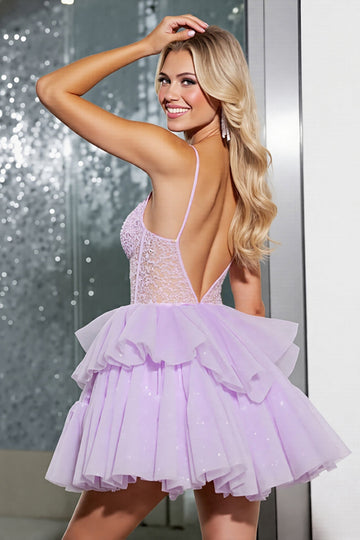 Robe courte de bal à volants avec corset en organza lilas